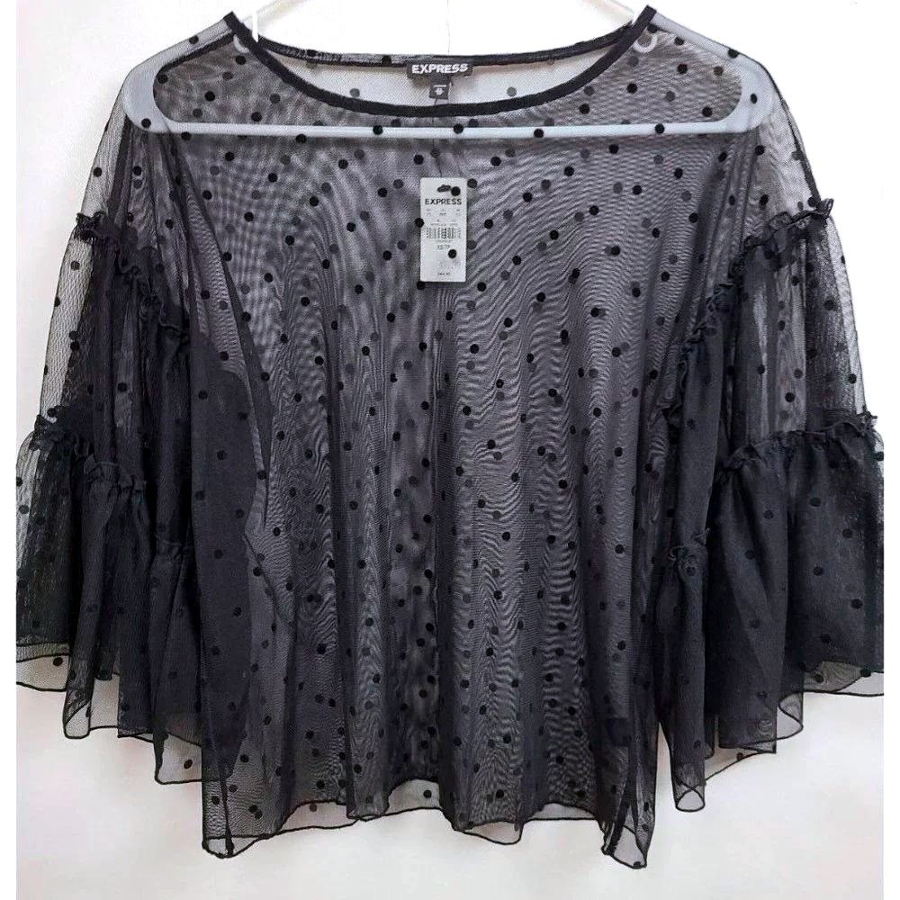 Express Polka Dot Mesh Ruffle Sleeve Top Womens XS Black Sheer Party Goth NEW